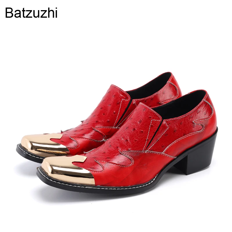Batzuzhi/Мужские туфли ручной работы в Итальянском Стиле; Золотистые кожаные модельные туфли со стальным носком на Каблуке 6,5 см; Мужские Красные Вечерние и свадебные Туфли; Мужские