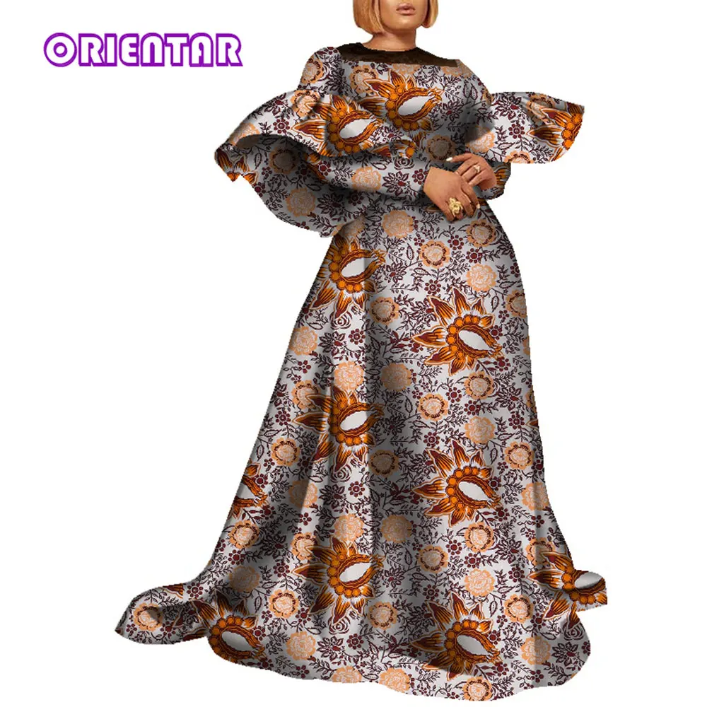 Африканские Платья для Женщин, Длинный рукав с оборками, Высокая Талия, Большие Качели, Макси-Платье, Свадебная вечеринка, Африканская Одежда, Большие Размеры, WY8947
