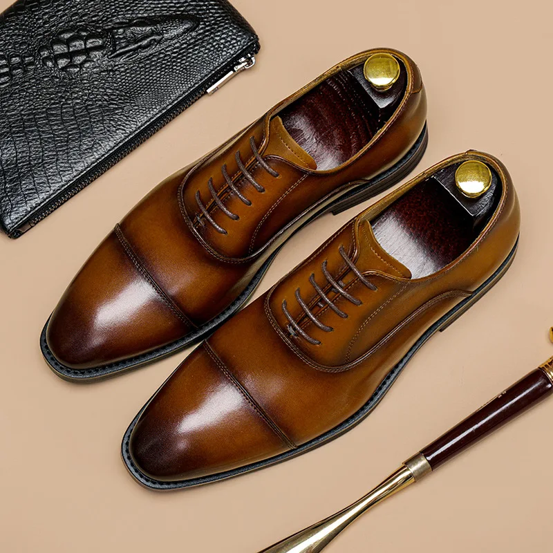 Новые мужские туфли-дерби из натуральной кожи с квадратным носком на шнуровке, деловые мужские модельные туфли коричневого, черного цвета, мужские кожаные туфли