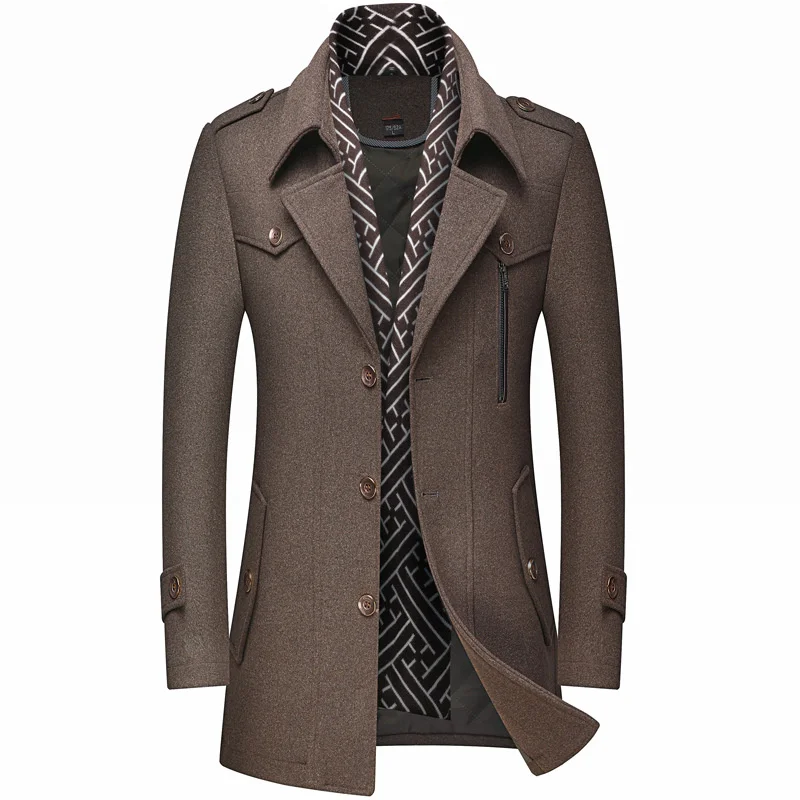 Плюс Размер 5XL, Мужское шерстяное пальто с шарфом и воротником, Новинка Зимы 2023, Модное Деловое толстое и теплое мужское брендовое пальто темно-кофейного цвета