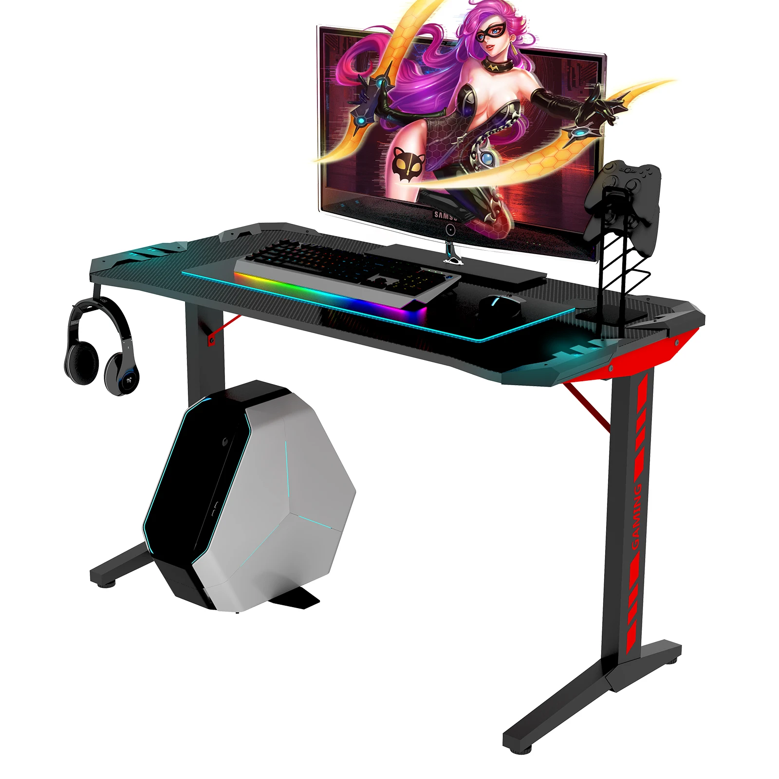[Распродажа] Высококачественный игровой стол Т-образной формы из черного МДФ, светодиодный игровой стол с гарнитурой и держателем геймпада [US-W]