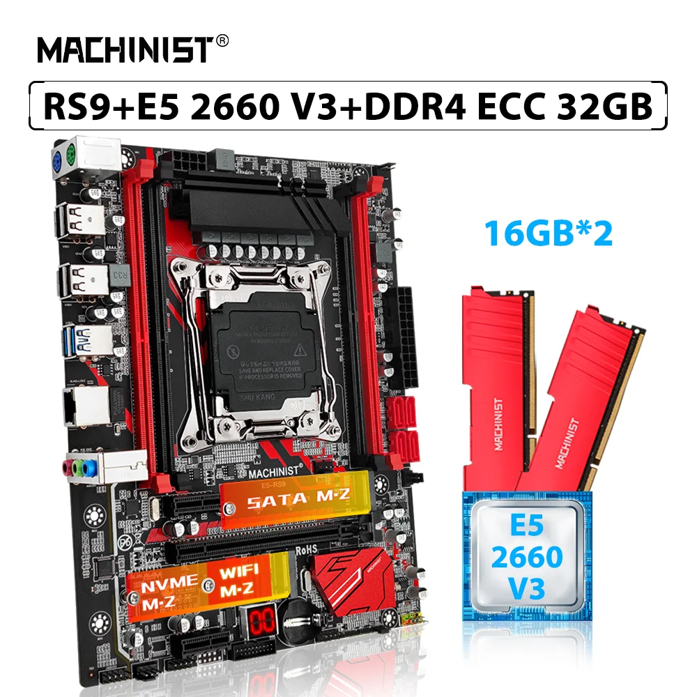 MACHINIST X99 Комплект материнской платы LGA 2011-3 Комплект процессора Xeon E5 2660 V3 Процессор 32 ГБ = 2шт * 16 ГБ ECC памяти DDR4 Оперативная память NVME M.2 SATA RS9