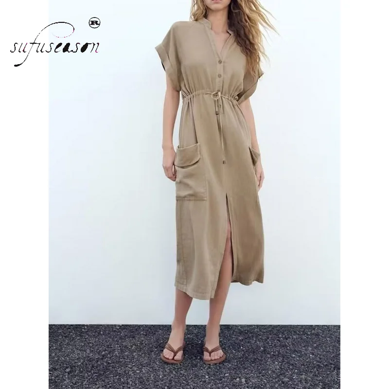 Летнее Льняное платье 2023 с V-образным вырезом и короткими рукавами, облегающее Женское платье средней длины, Однотонное Повседневное Модное Платье