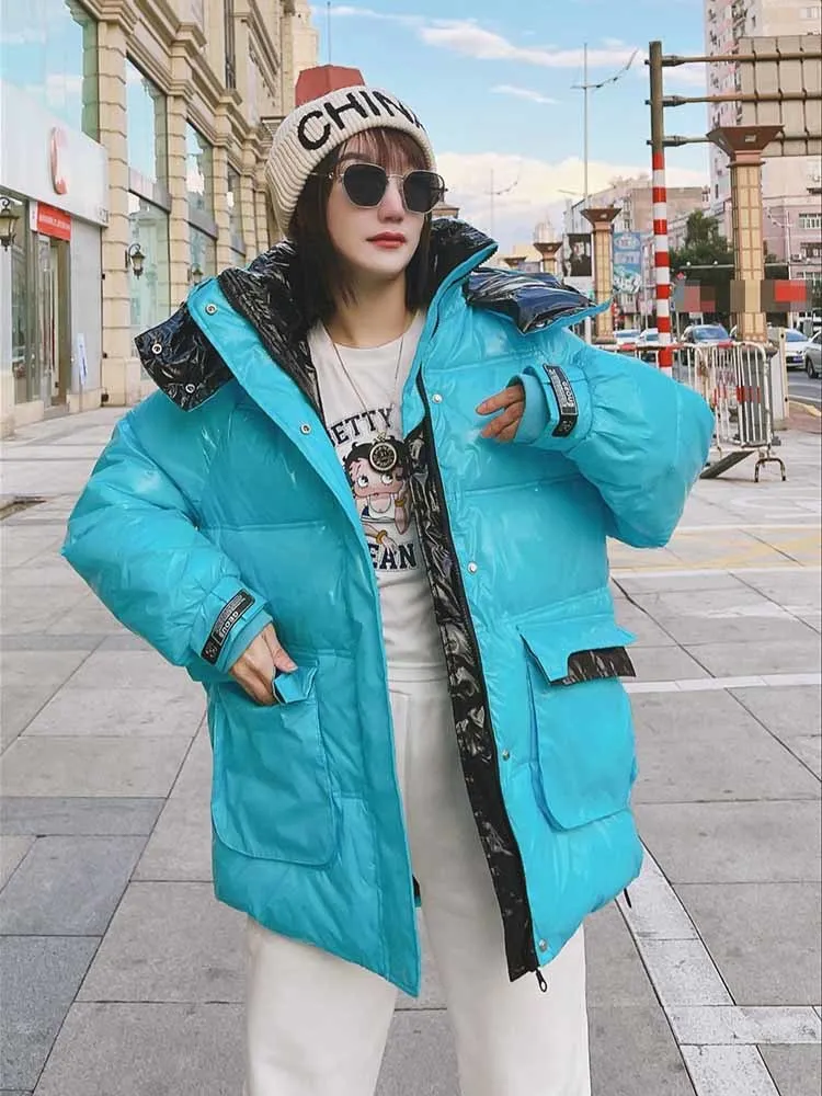 Корейская модная зимняя короткая куртка, Женское водонепроницаемое блестящее пальто на белом утином пуху карамельного цвета, Женское свободное пальто Parker с капюшоном