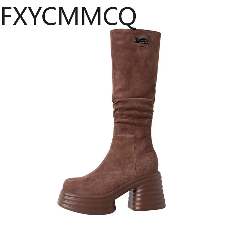 FXYCMMCQ Европа и Соединенные Штаты Осенние женские ботинки в обтяжку на высоком каблуке (9 см) с толстой подошвой и круглым носком 32-551