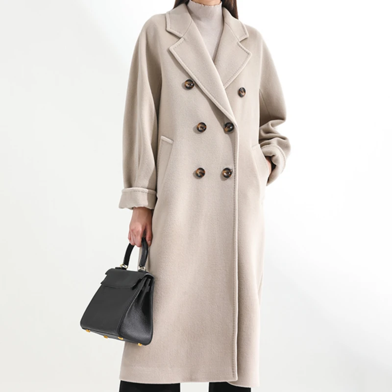 Осеннее женское пальто, однотонное двубортное пальто средней длины с поясом, Зимнее Свободное повседневное пальто большого размера, Женская верхняя одежда