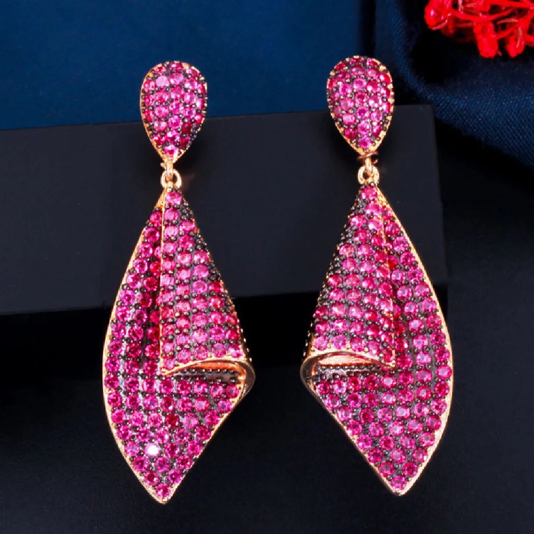 Модные ювелирные изделия с полным 3D Микро-покрытием Ярко-Розовый, Красный Кубический камень Зирония, Длинные Висячие серьги для женщин, подарки для пары