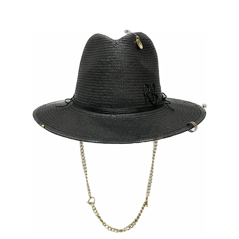 2023 лето, новое поступление, соломенная шляпа RB, черная фетровая шляпа с ремешком-цепочкой, женская Пляжная шляпа, Солнцезащитный козырек, Женская Шляпа