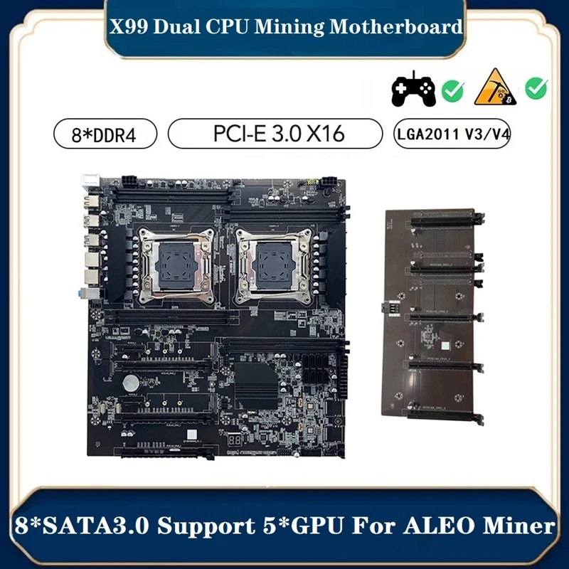 Материнская плата X99 с двойным процессором для майнинга LGA2011 V3/V4 8XDDR4 Слот для оперативной памяти PCIE3.0 16X 8XSATA3.0 Поддержка 5-карточного майнинга для ALEO Miner
