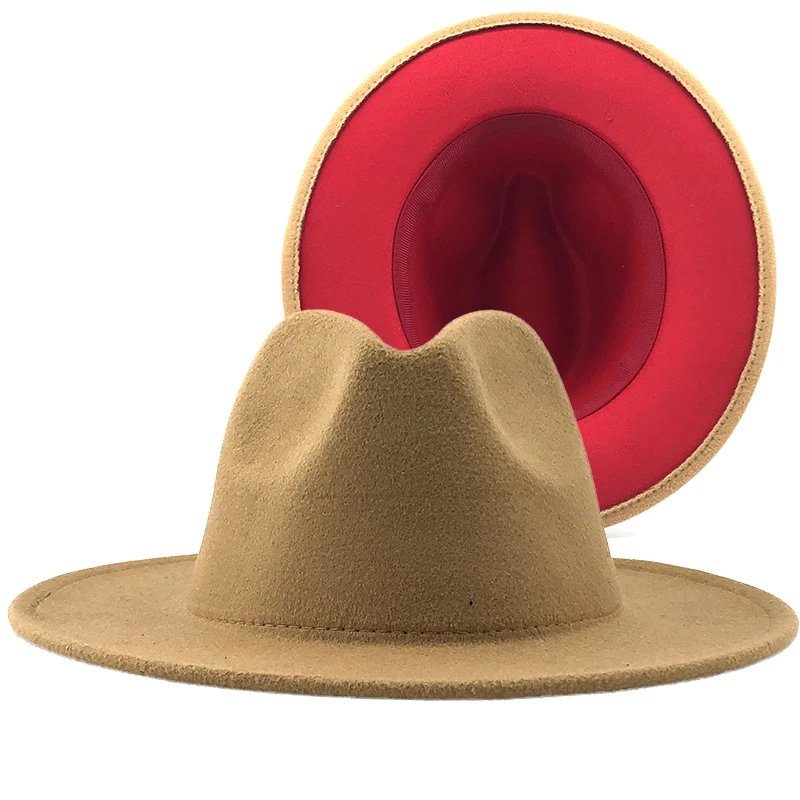 Новый унисекс загар красный лоскутное чувствовал, джазовая шляпа кепка Мужчины Женщины плоские краев полушерстяные шлемы Fedora Панама шляпа Винтаж шляпа размер XL