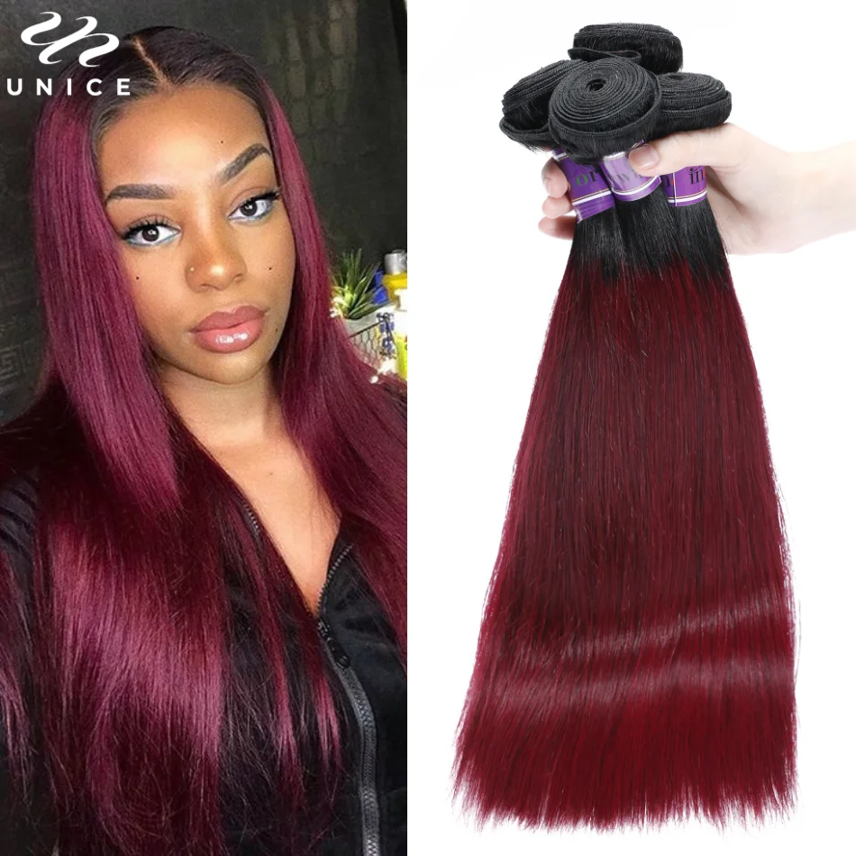 UNice Hair 1B99J Плетение из человеческих волос Омбре бордового цвета, пучки прямых волос и пучки объемной волны