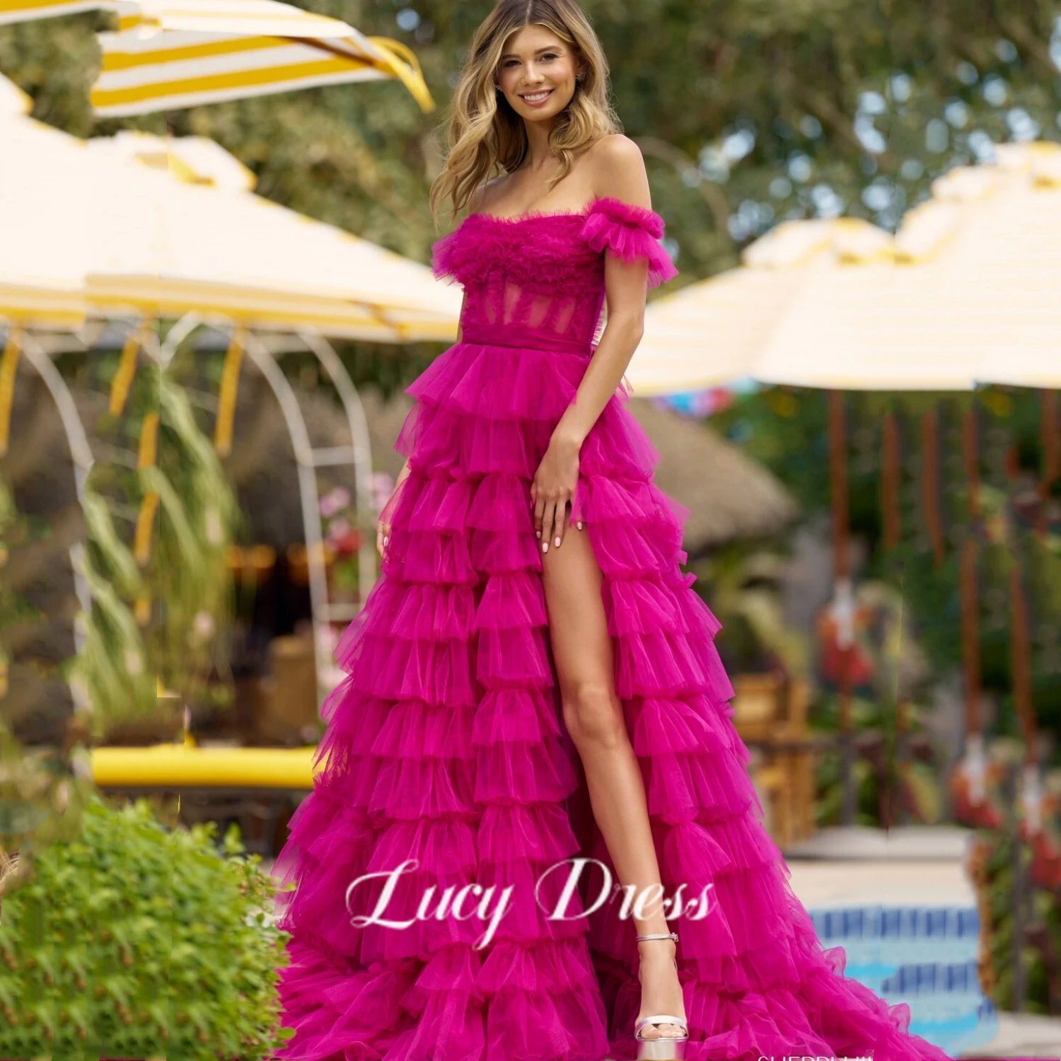 Элегантное платье Lucy, Сетчатые вечерние платья для выпускного вечера, Многослойные Розово-красные Роскошные женские вечерние платья, Женское платье для Гала-концерта