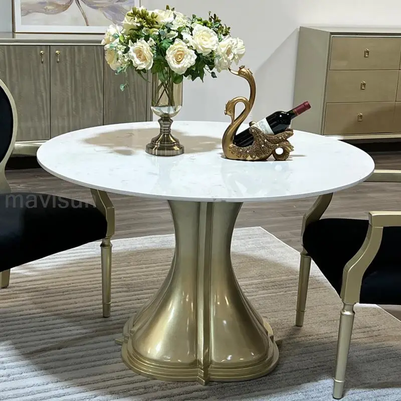Роскошный обеденный стол и стулья Round Rock, Столешница из цельного дерева, Золотое основание из цельного дерева, Обеденный стол в американском стиле, Передвижная кухонная мебель