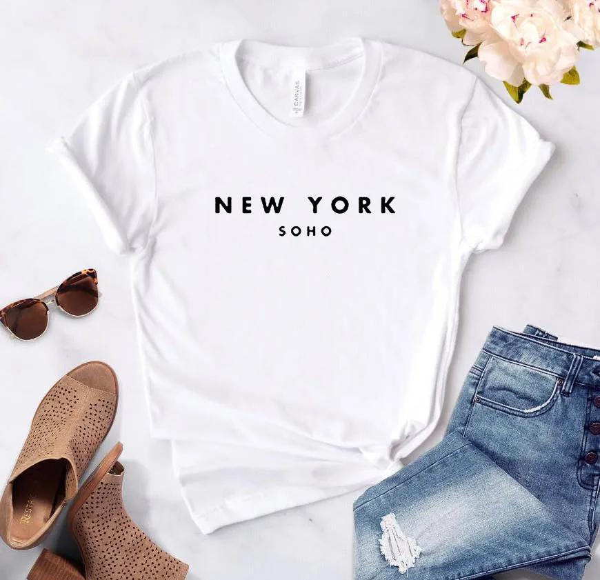 Женская футболка с надписью New York Soho, Милая забавная футболка с надписью Ladies Top Tee, Модный топ в стиле Харадзюку, футболка размера Плюс