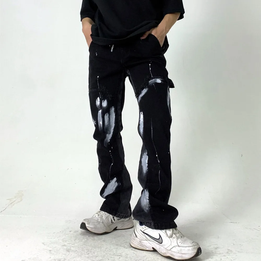 2021, Черные потертые мужские джинсы-клеш с граффити, Ретро-Застиранные Джинсовые брюки с завязками, Темная одежда в академическом стиле