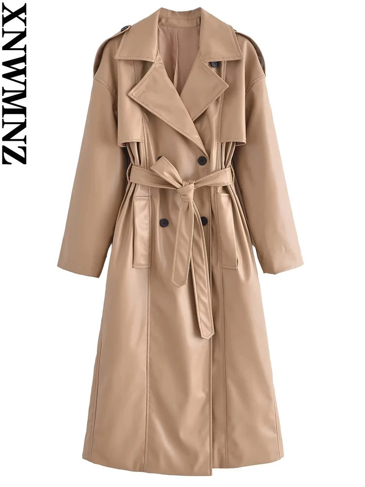 XNWMNZ 2023, женский модный тренч с поясом из искусственной кожи, пальто в стиле ретро с лацканами и длинными рукавами, с разрезом сзади, женская шикарная верхняя одежда