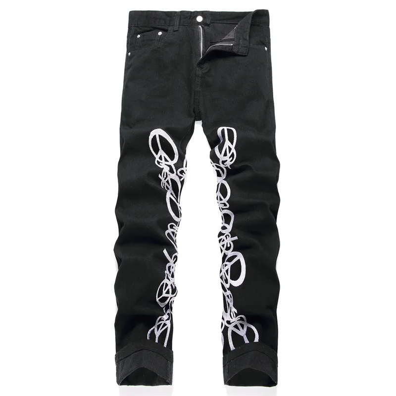 Модные черные Джинсы в стиле хип-хоп, Джинсы с рисунком в стиле хип-хоп, Джинсовые брюки со средней талией, узкие джинсы с принтом для мужчин и женщин, уличная одежда