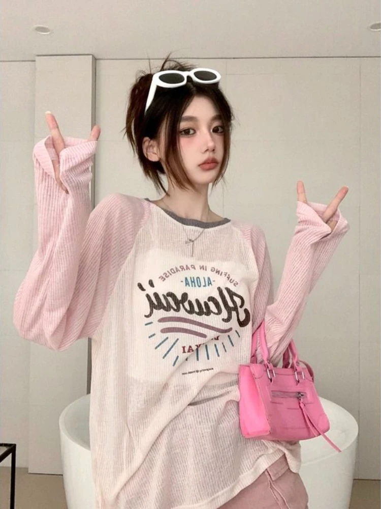 ADAgirl, розовые футболки с буквенным принтом, женские футболки в стиле пэчворк, негабаритная уличная одежда корейского производства, прозрачная контрастная одежда