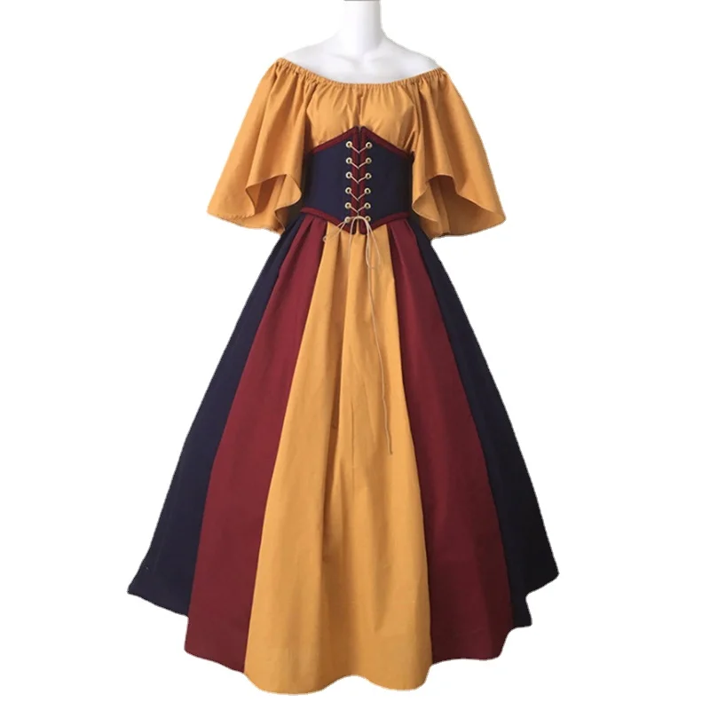 Европейское средневековое ретро Цветовое контрастное Лоскутное платье с летящими рукавами, на шнуровке, с открытыми плечами, платье для женщин