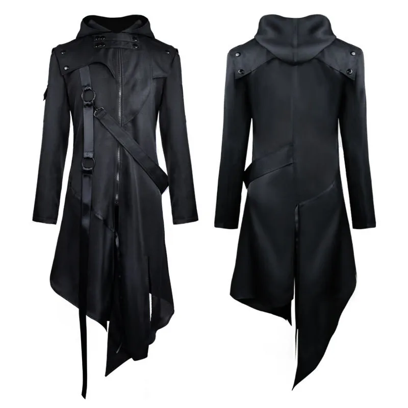 Новое Черное пальто в стиле ретро, Тренч, потому что Хэллоуин, Панк, Мужское игровое шоу, Крутая вечеринка, реквизит для выступлений, костюм, Куртка с капюшоном