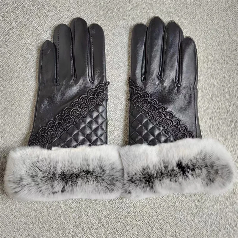 Осенне-зимние женские перчатки из натуральной кожи, 100% натуральный мех кролика рекс, варежки из натуральной овчины, модный дизайн с бантом