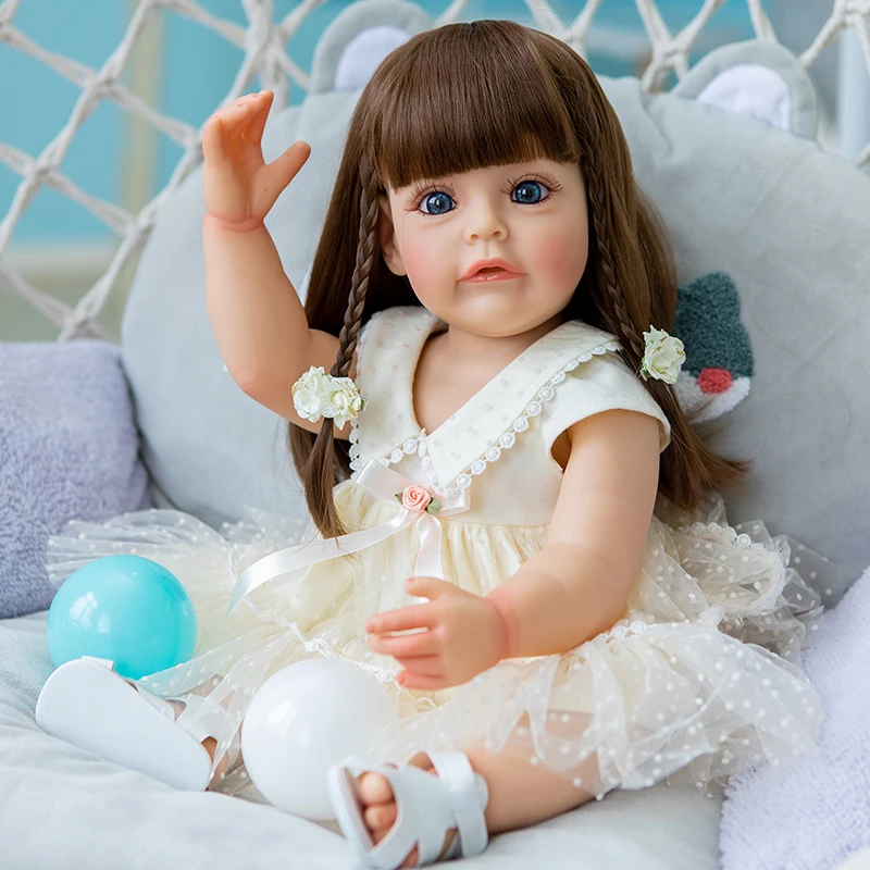 куклы Реборн 55 см, силикон для всего тела, Ручная роспись вен, Длинный каштановый парик для детей, подарочные игрушки для девочек