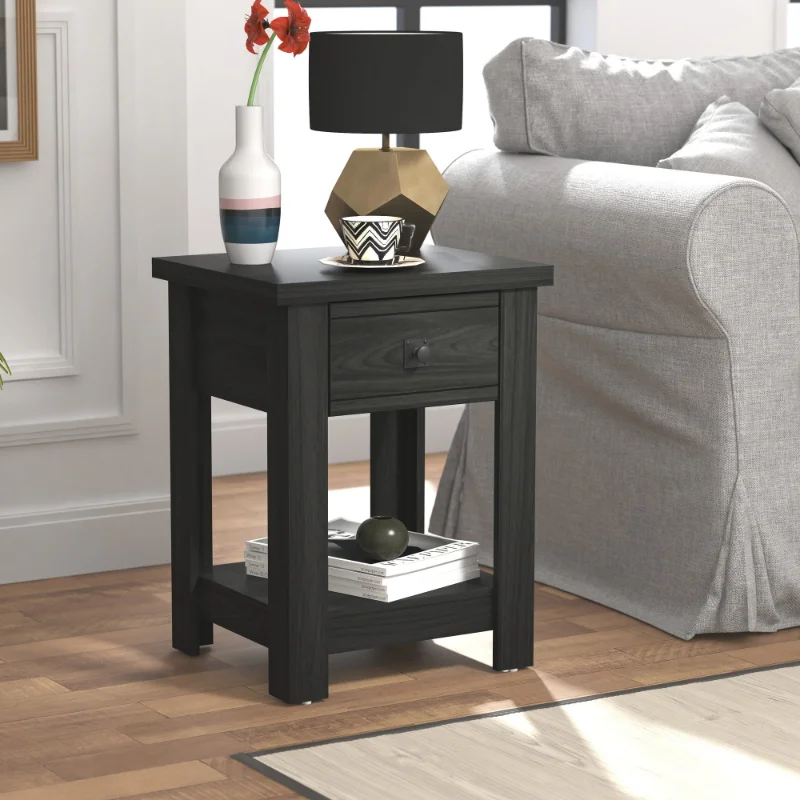 Прямоугольный торцевой столик из дерева Coover с 1 выдвижным ящиком, черный приставной столик, деревянный столик для гостиной, чайный столик, журнальный столик
