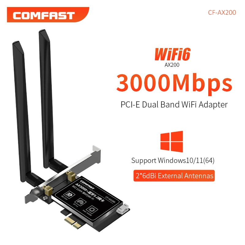 AX200 WiFi 6 Двухдиапазонный WiFi Высокоскоростной Беспроводной адаптер PCI-E 3000 Мбит/с WIFI Адаптер С 2 * 5dBi всенаправленной антенной с высоким коэффициентом усиления