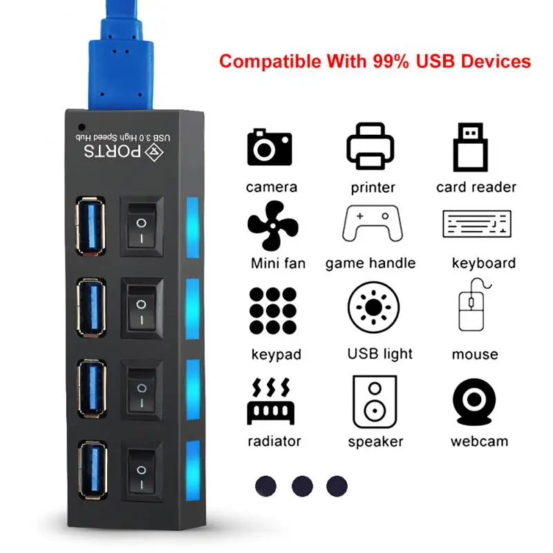 RYRA USB 3.0 Hub 4/7 Портов, Мультиразветвитель, высокоскоростной удлинитель USB 3.0 с независимым переключателем для ПК, аксессуары для ноутбуков