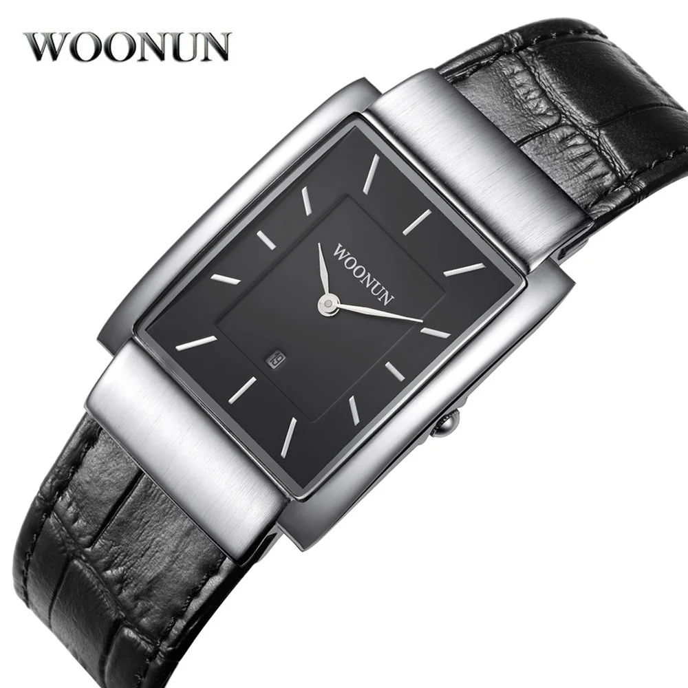WOONUN, мужские кварцевые часы, лучший бренд класса Люкс, Япония, прямоугольные наручные часы для мужчин, ремешок из искусственной кожи, супертонкие мужские часы