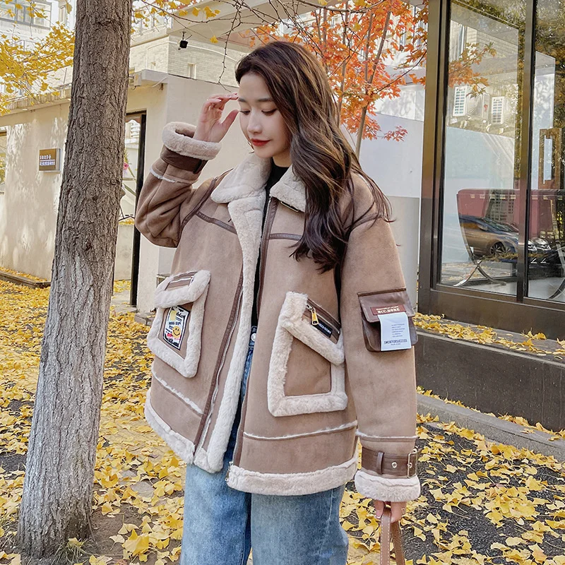 Свободное корейское пальто из искусственной овечьей шерсти, женская толстая мотоциклетная куртка, пальто из кожи авиатора с меховой подкладкой, новинка зимы